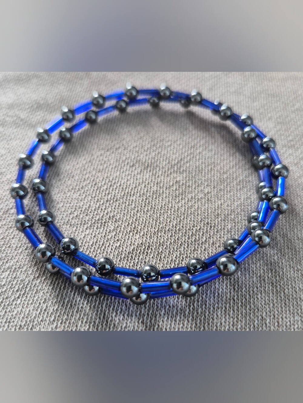 Blue Glass Tube & Hematite Bead Layered Bracelet